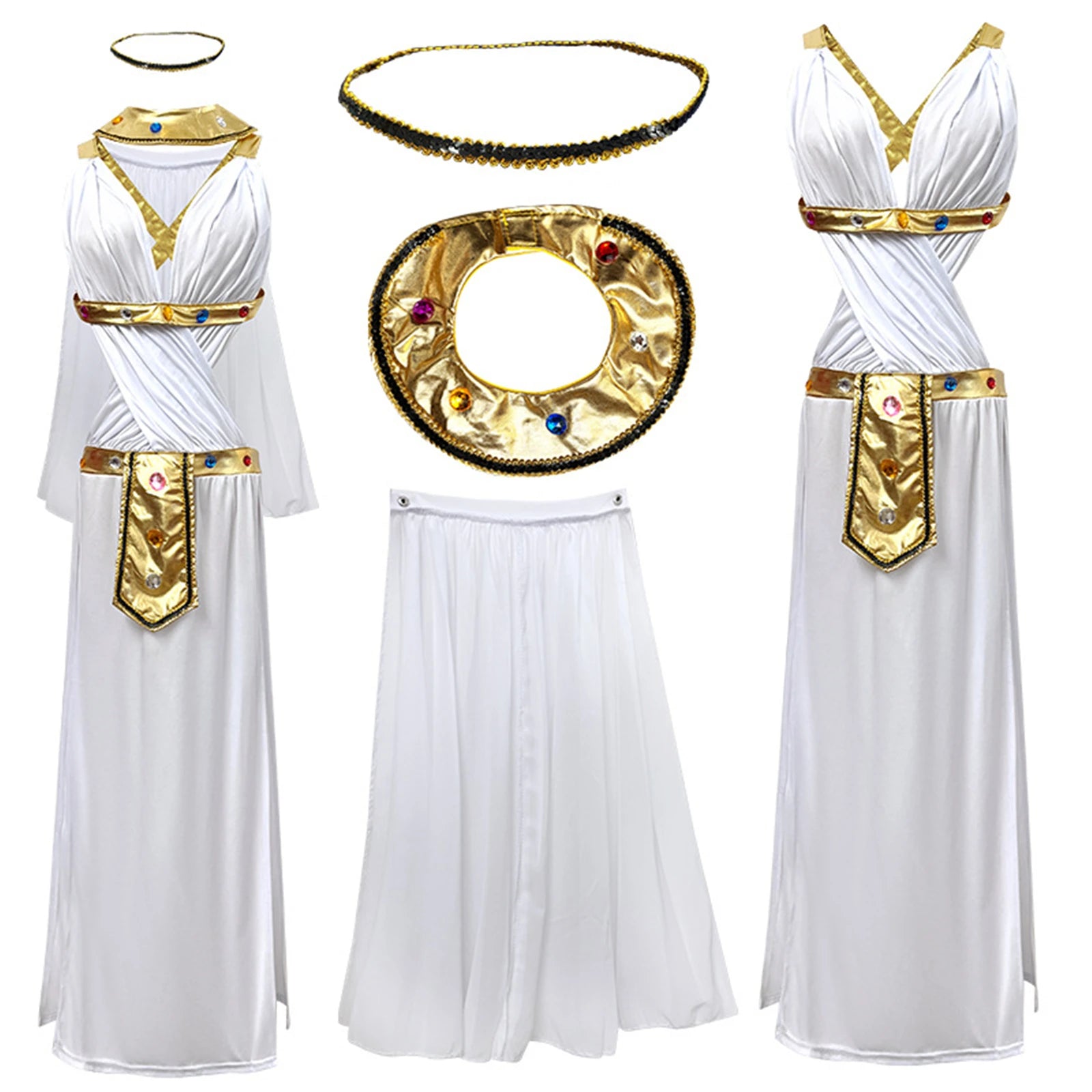 Halloween Greek Goddess Costume Set Sexy Bodysuit Gold Laurel Wreath Adult Goddess Cloak - Female / M