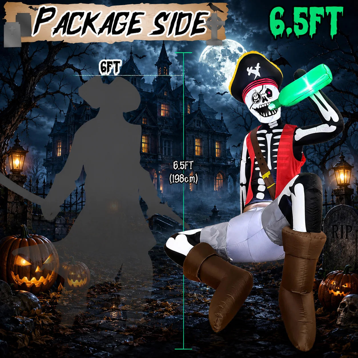 6.5FT Inflatable Decoration, Drinking Skeleton Pirate, Suitable for