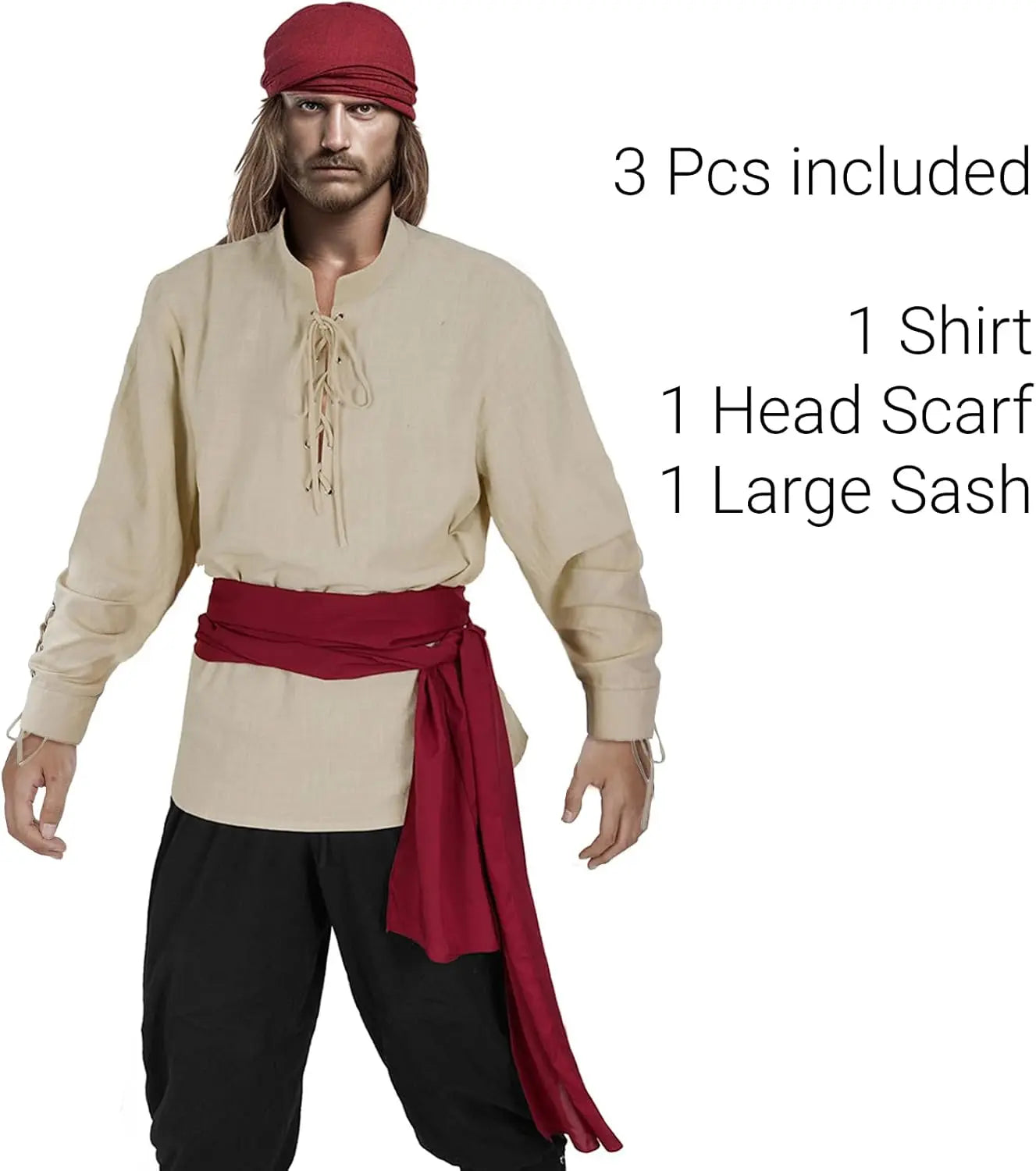 Mens Pirate 3 Pcs Costume Set Renaissance Pirate Shirt Medieval Costume Viking