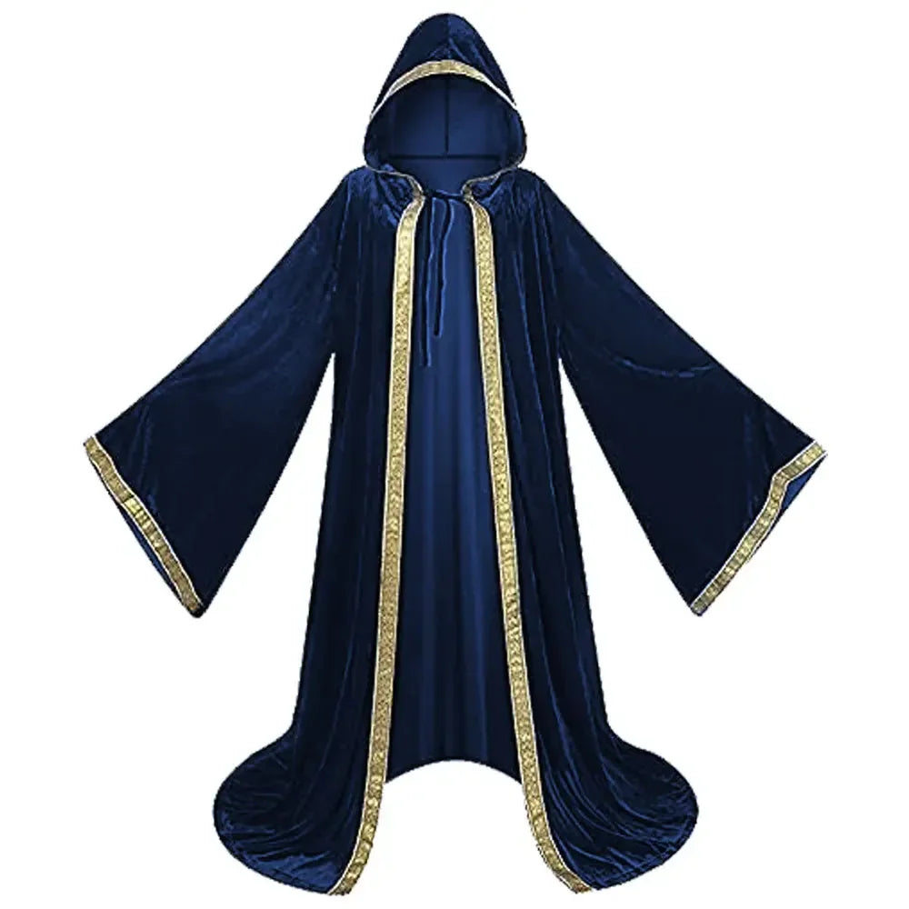 Halloween Costume Medieval Cape Cloak Adult Hooded Death Vampire Wizard Monk Witch Costume - Dark Blue / XL