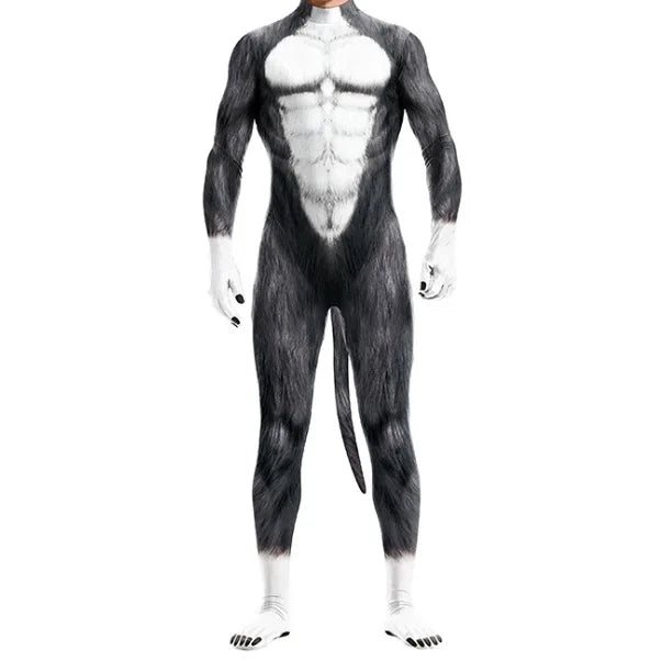 Men Halloween Animal Costume with Tail Adult Full Cover Elastic Zentai Pet Costume - 2 / XL