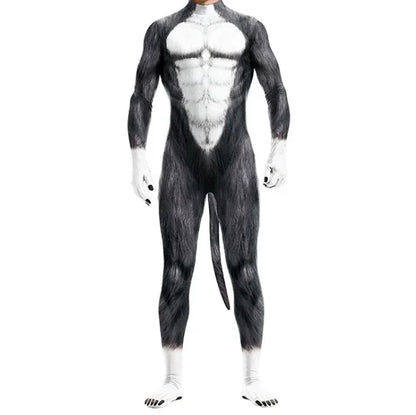 Men Halloween Animal Costume with Tail Adult Full Cover Elastic Zentai Pet Costume - 2 / XL
