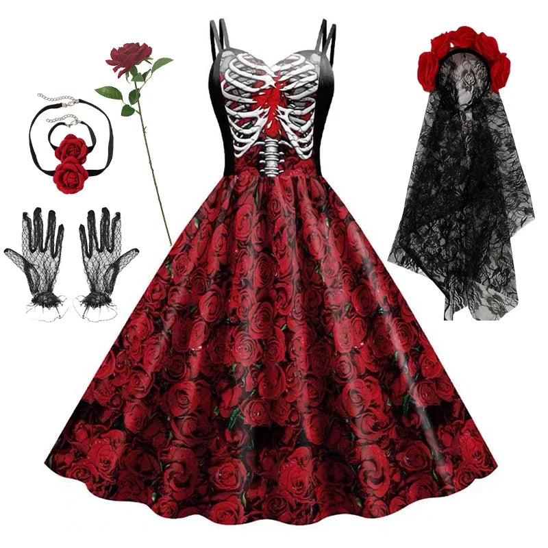 Women's New for Skull Print Halter Dress Sleeveless Tunic Vintage Dresses Costume - alternate view 8