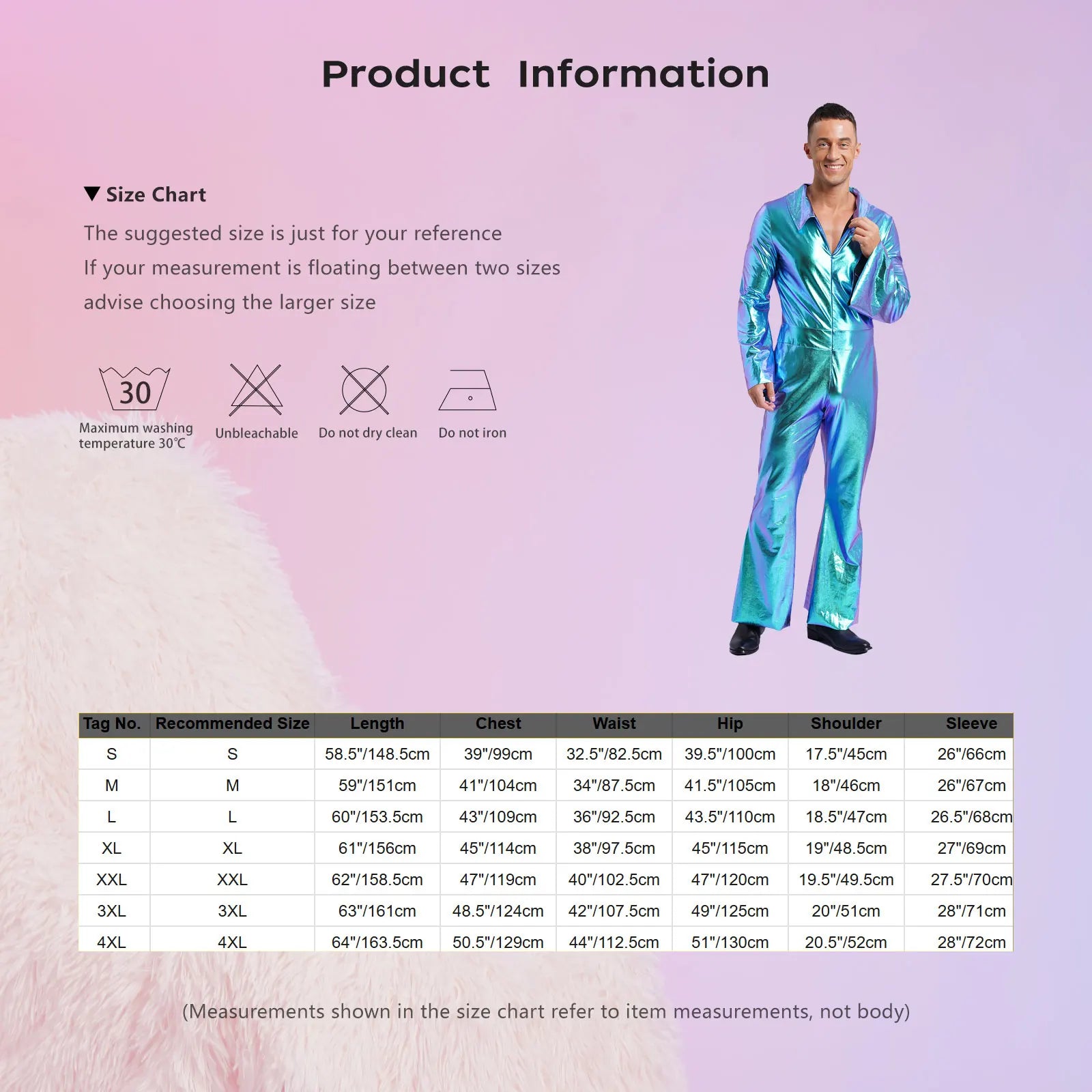 Men 70s Disco Jazz Dance Performance Costume Flare Sleeve Zipper Metallic Shiny Jumpsuit - Black / XL
