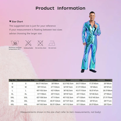 Men 70s Disco Jazz Dance Performance Costume Flare Sleeve Zipper Metallic Shiny Jumpsuit - Black / XL