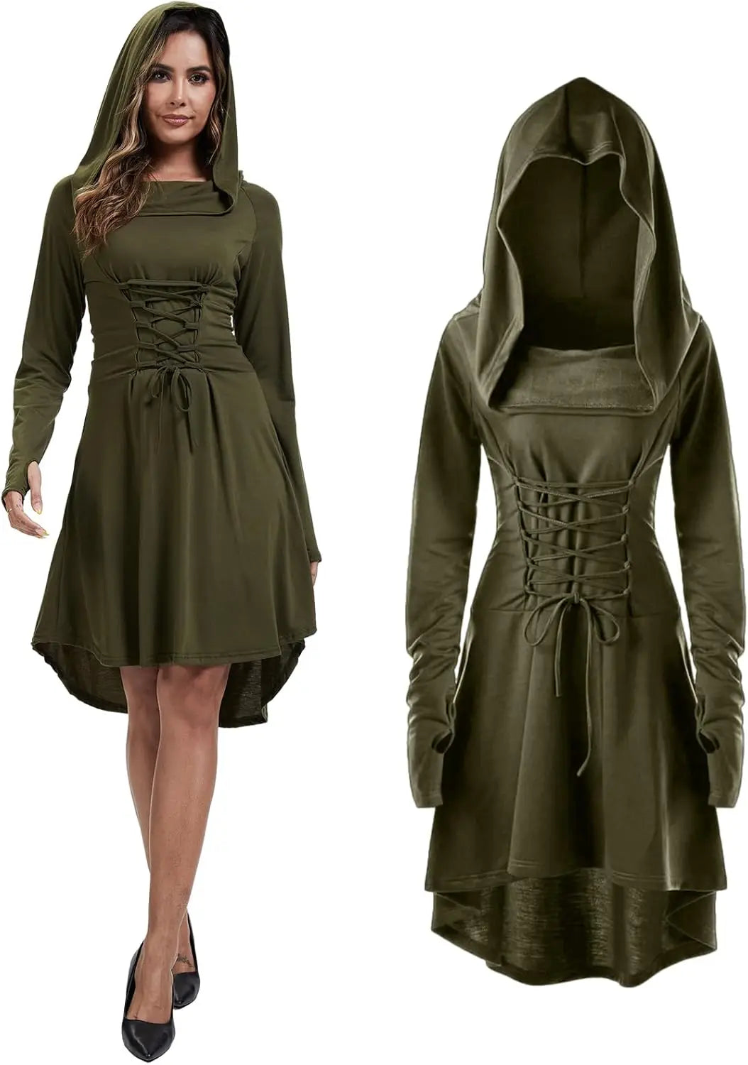 Womens Renaissance Costumes Hooded Robe Lace Up Halloween Medieval High Low Long Hoodie Dress Cloak - product image 7
