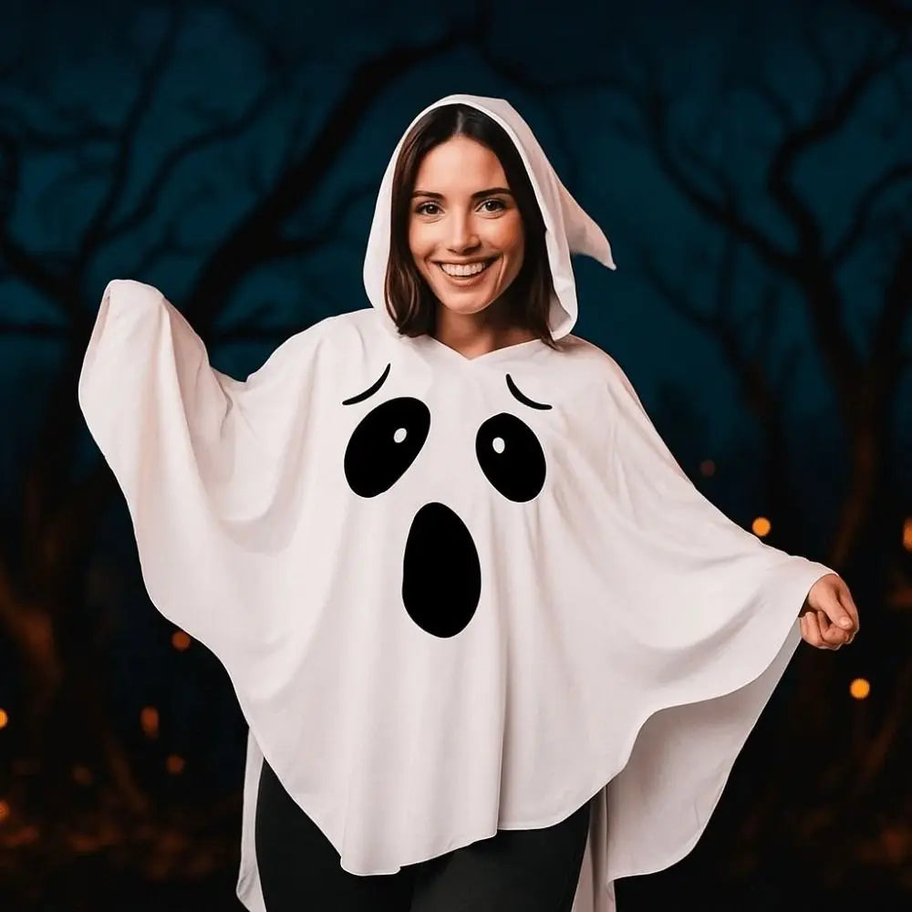 Ghost Poncho Costume – White or Orange Halloween Hooded Cloak