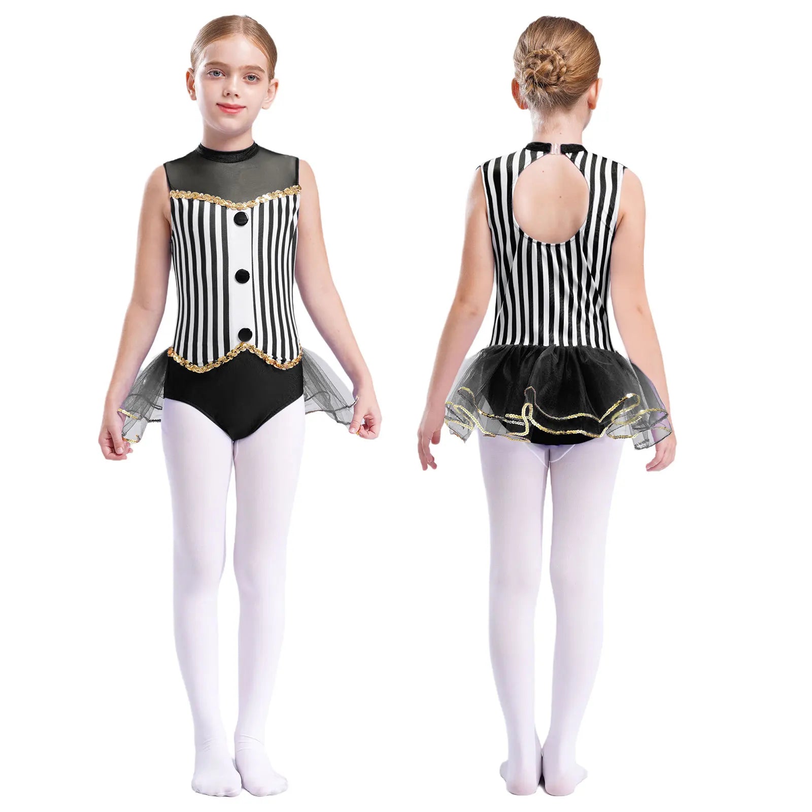 Kids Girl Halloween Circus Clown Costume Shiny Striped Tutu Leotard Ballet Gymnastics - Royal Blue / 10