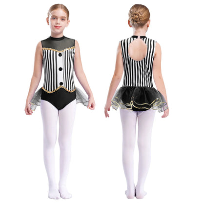 Kids Girl Halloween Circus Clown Costume Shiny Striped Tutu Leotard Ballet Gymnastics - Royal Blue / 10