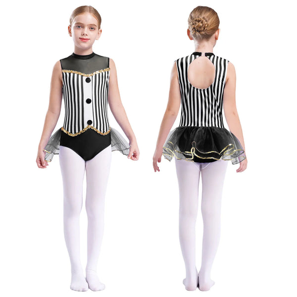 Kids Girl Halloween Circus Clown Costume Shiny Striped Tutu Leotard Ballet Gymnastics - Royal Blue / 10