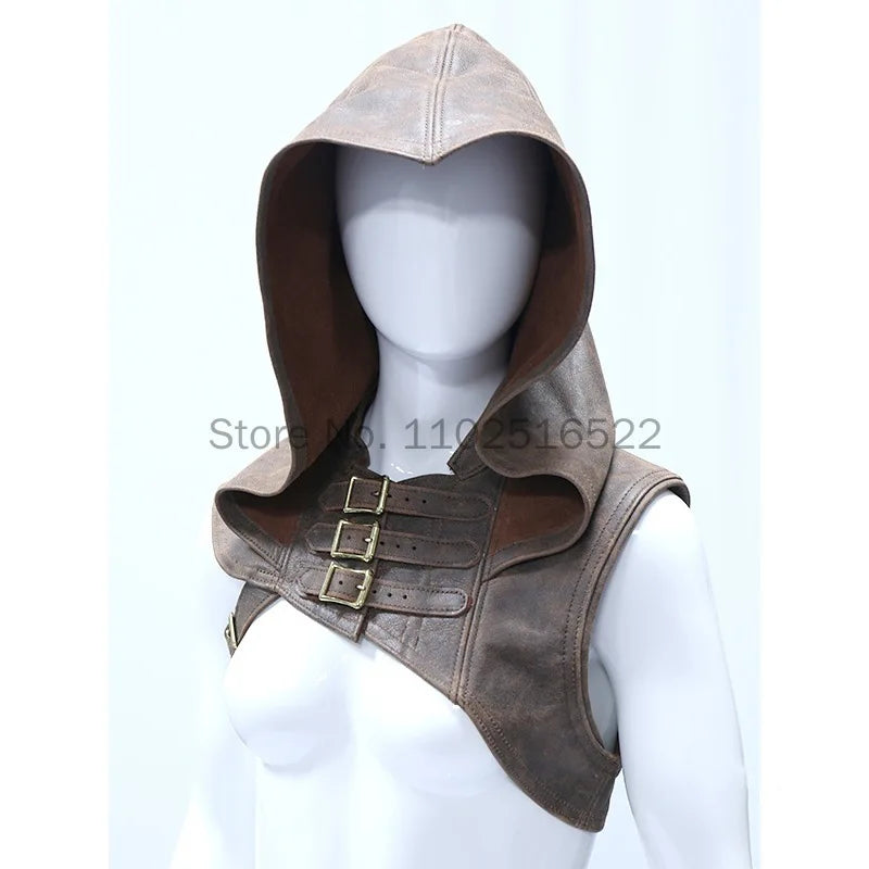 Medieval Women Armor Huntress Men's Assassin Costume Leather Hooded Shawl Viking Warrior - Brown / 4XL