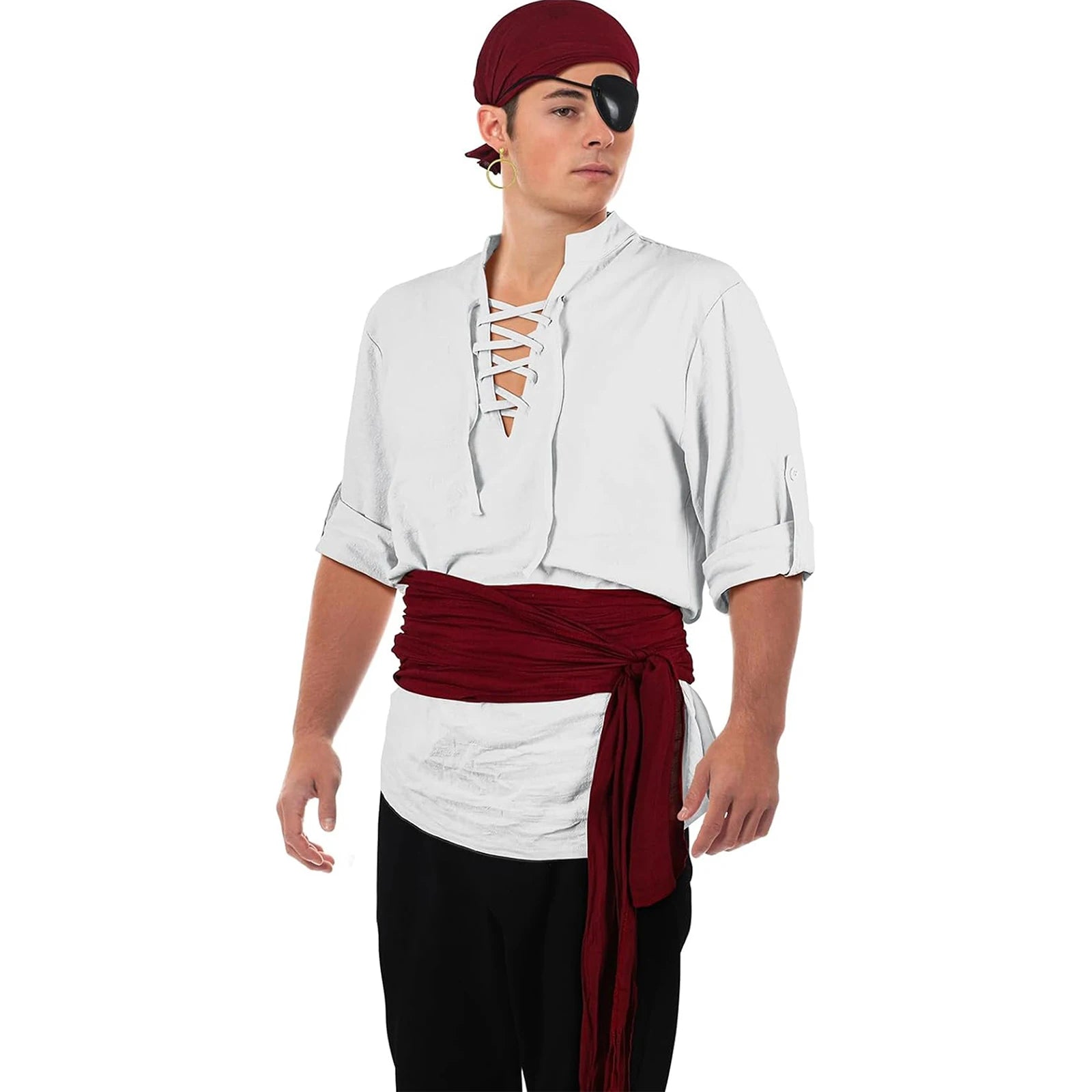 Men's Medieval Renaissance Pirate Shirt Ankle Banded Pants Headband Halloween Costume - Beige / S