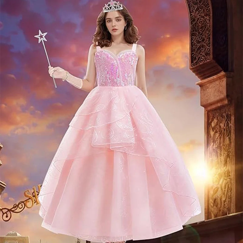 Women's Good Witch Cosplay Costume Adults Pink Tulle Princess Dress+Wand+Crown Glinda Disguise Woman - product image 2