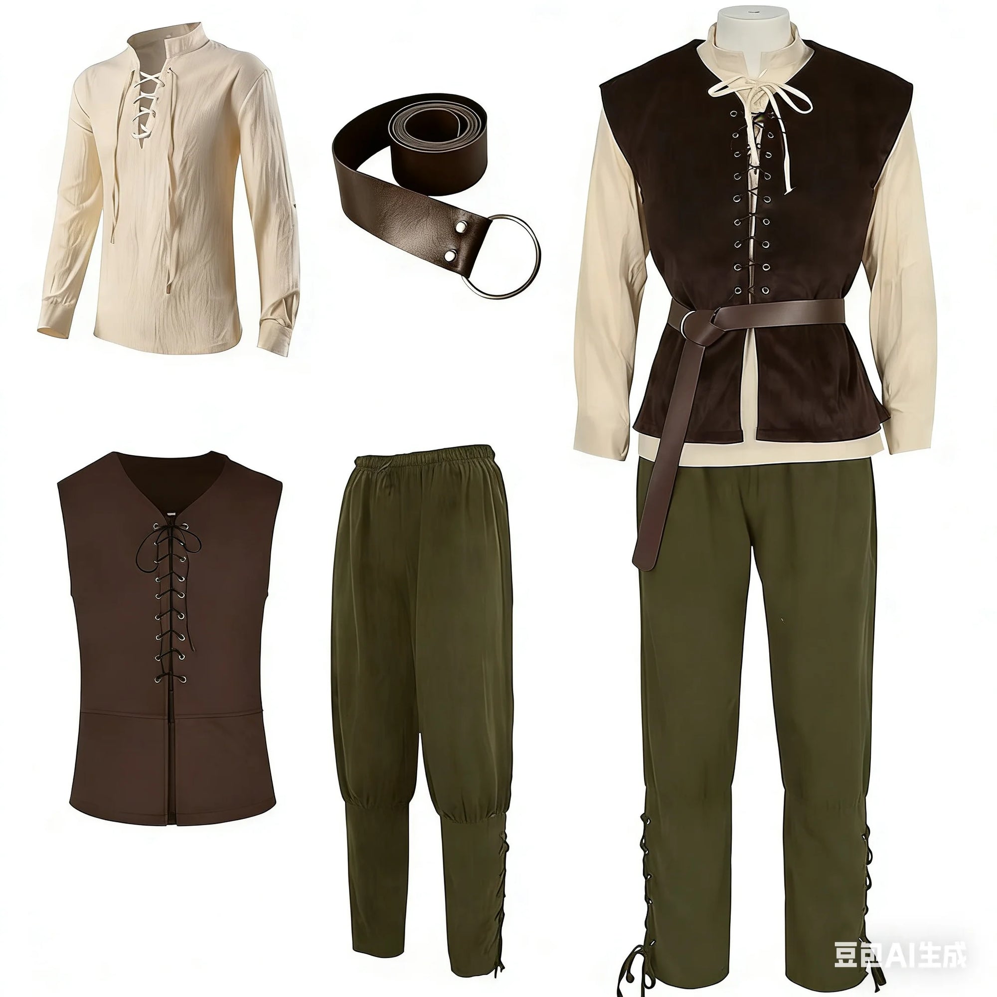 Men's Medieval Renaissance Vest Shirt Ankle Banded Pants Viking Halloween Costume - black / L