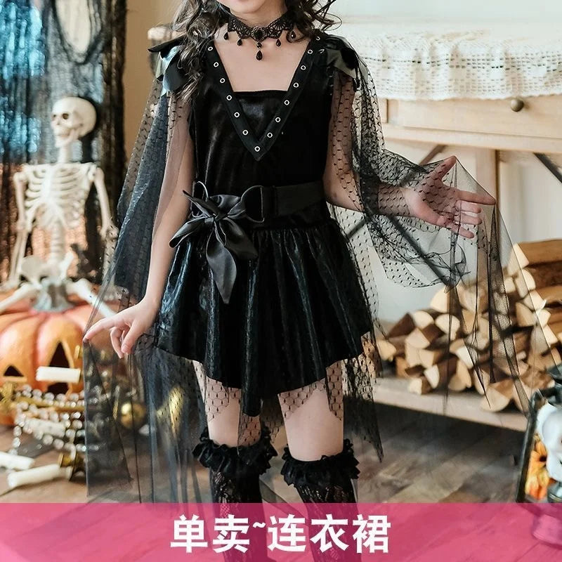 Halloween Enfant Demon Costume Witch Black Outfit Gothic Stage Show Vampire Dress with - Only Dress / M 110cm
