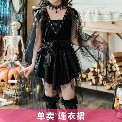 Halloween Enfant Demon Costume Witch Black Outfit Gothic Stage Show Vampire Dress with - Only Dress / M 110cm