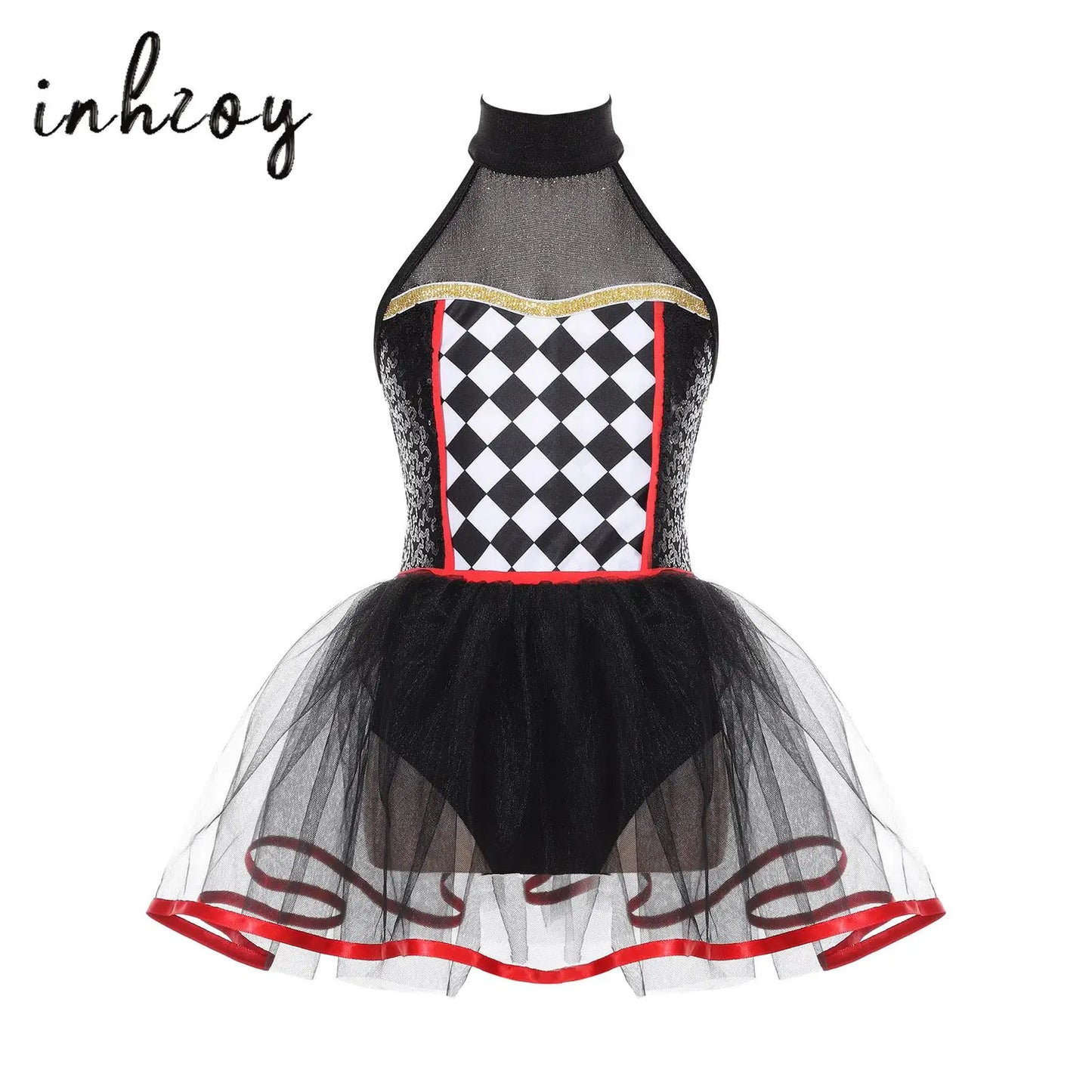 Kids' Girls Clown Jester Circus Halter Neck Checkerboard Sequins Tutu Costume