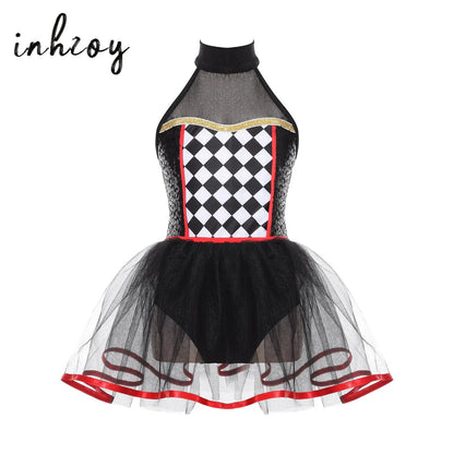 Girls Clown Costume Halloween Jester Circus Halter Neck Checkerboard Sequins Tutu Dress - Black / 6