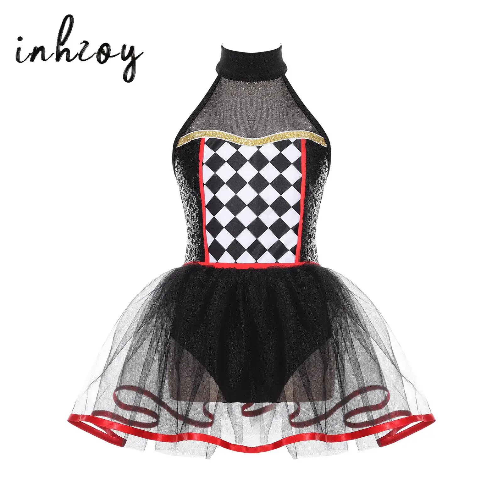 Kids' Clown Jester Circus Halter Neck Checkerboard Sequins Tutu Costume