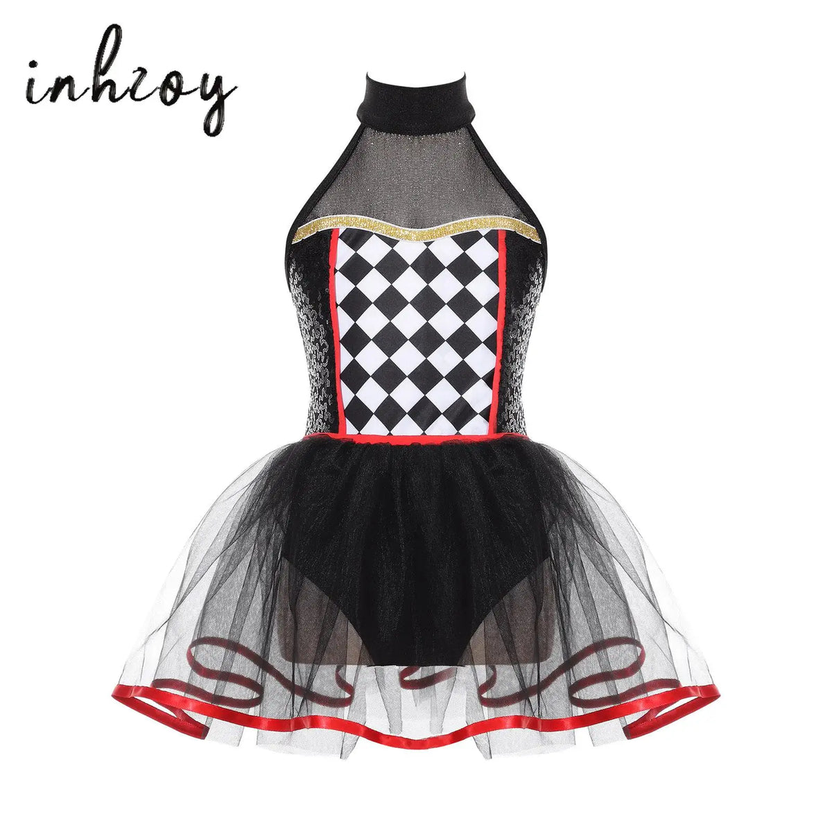 Kids' Clown Jester Circus Halter Neck Checkerboard Sequins Tutu Costume