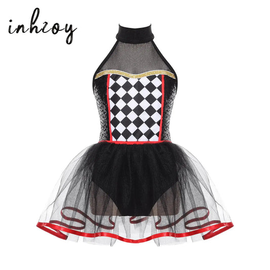 Kids' Clown Jester Circus Halter Neck Checkerboard Sequins Tutu Costume