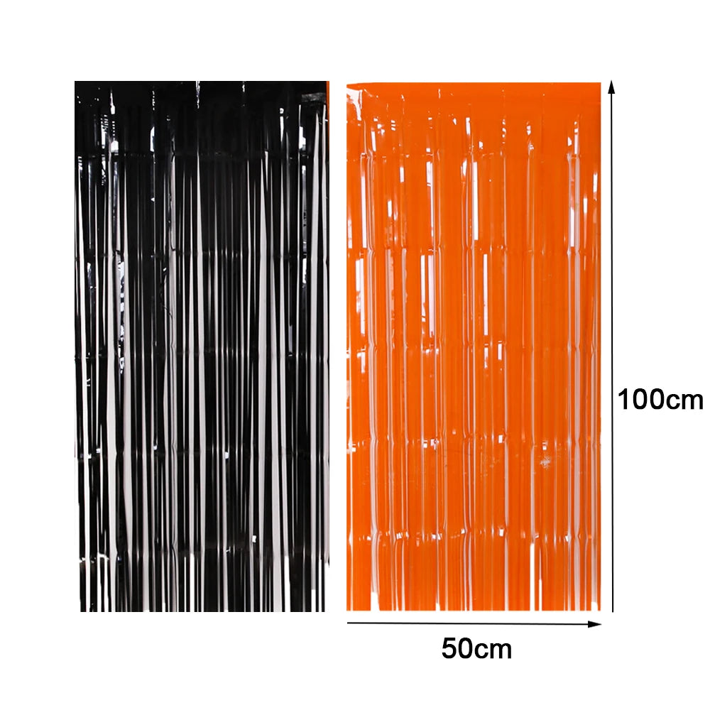 2Pcs Halloween Decoration Backdrop Tassle Curtains Black Orange Foil Fringe - product image 7