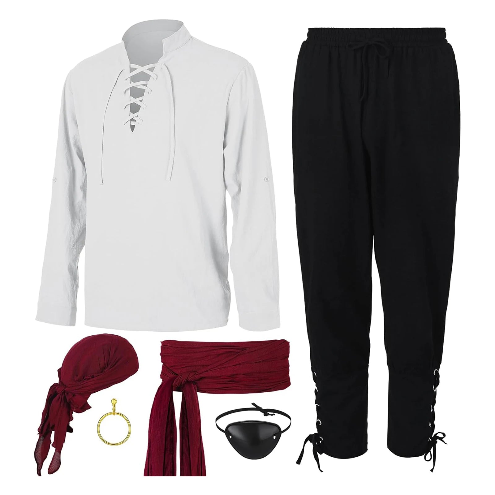 Men's Medieval Renaissance Pirate Shirt Ankle Banded Pants Headband Halloween Costume - WHITE / M