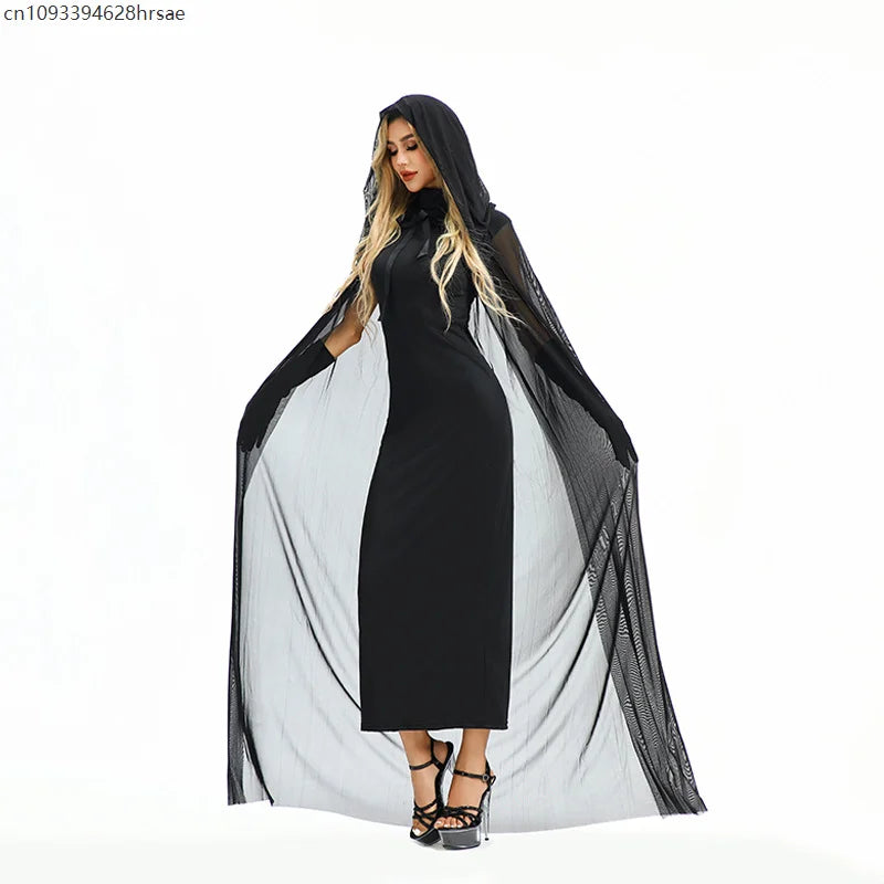 Gothic Dark Witch Cosplay Costume Women Black Fitted Dress Long Hooded Cape Gloves Halloween Vampire Outfit - product image 6