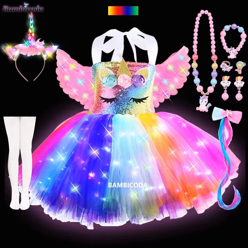 Girls Shiny Unicorn Tutu Led Lighting Dress Glowing Dresses Princess Dress Clothing