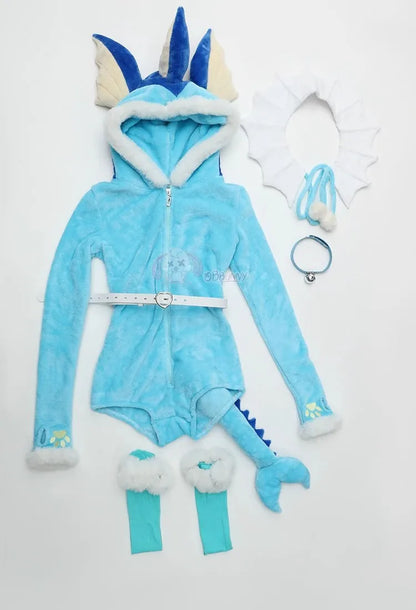 Anime Eevee Cosplay Costume Women Sexy Flannel Hooded Bodysuit Socks Suit Bunny Girl Cute Cartoon Plush Pajamas Jumpsuit Uniform