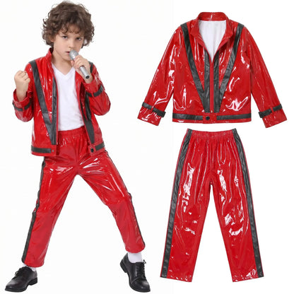 2026  MJ Michael Jackson Thriller Kids Costume  Red   Black Leather Jacket Pants Boys Halloween Stage Cosplay Outfit