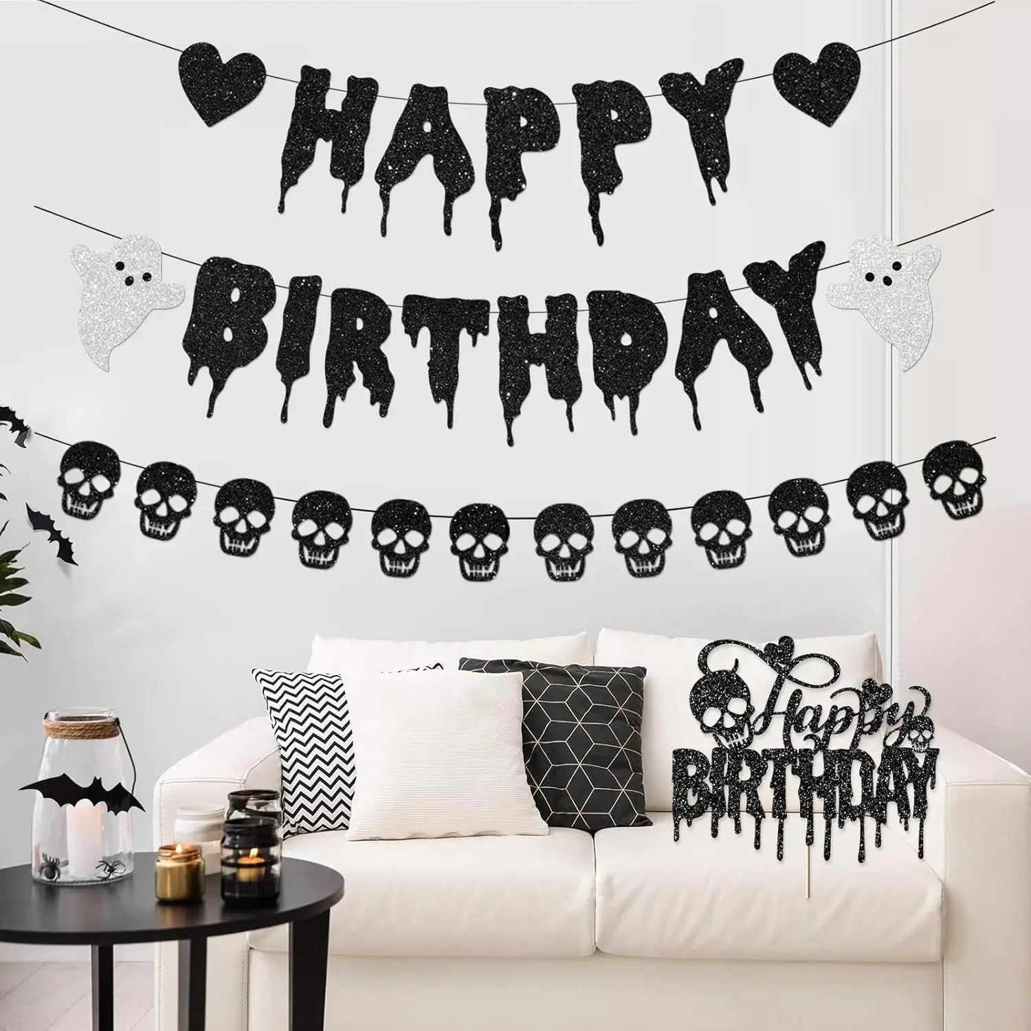 Black Glitter Halloween Birthday Banner Decorations Cake Topper Heart Skull - product image 3