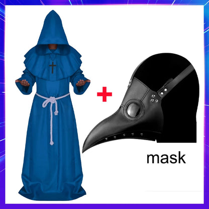 Halloween Wizard Costume Medieval Monk Hooded Robe Costume Mask Hat for Men Steampunk - C5 / Halloween cosplay
