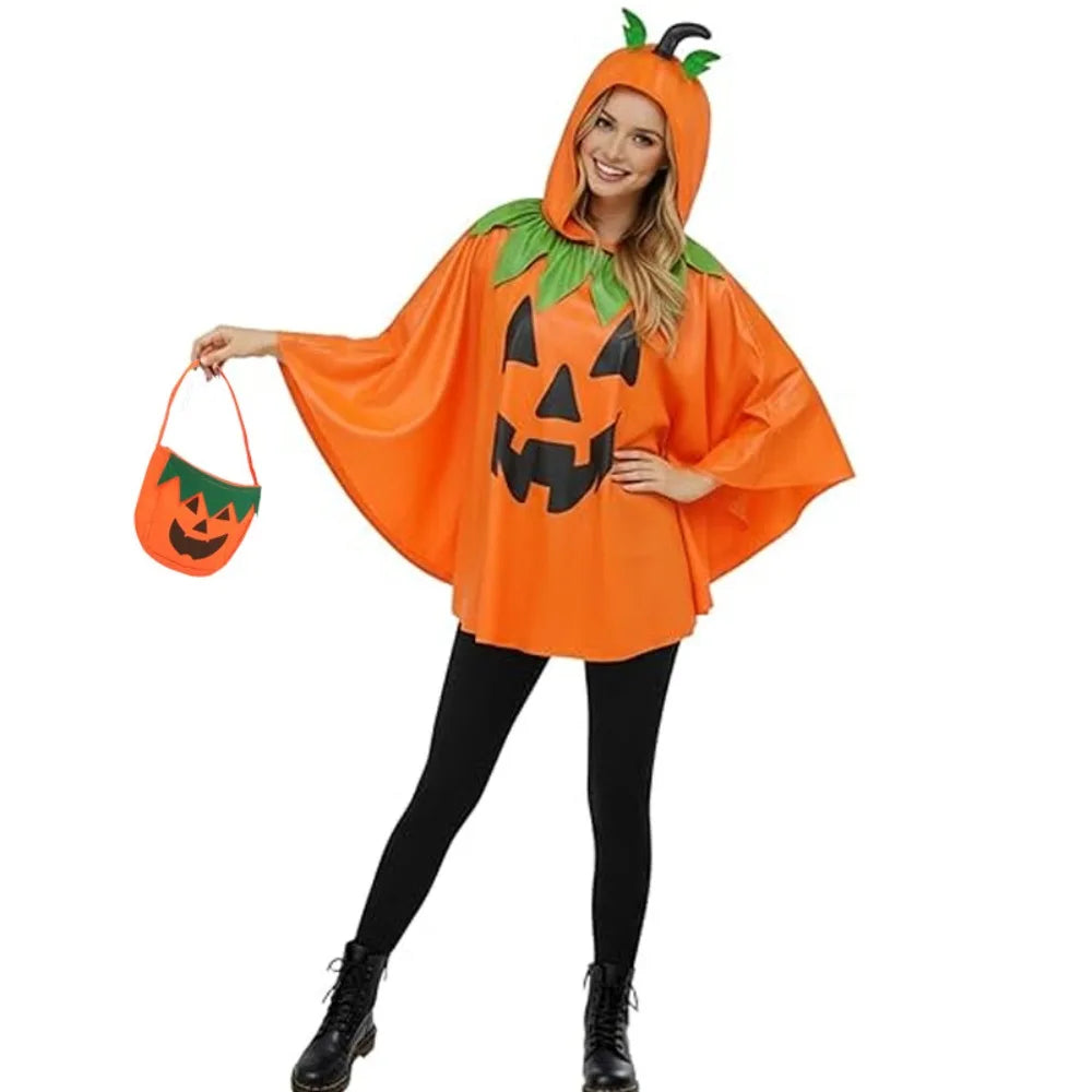 Adults Horn Hooded Pumpkin Cape Cloak with Trick or Treat Candy Bag Costume