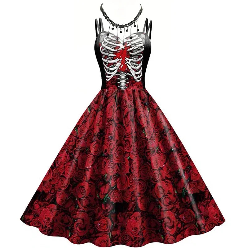 Women's New for Skull Print Halter Dress Sleeveless Tunic Vintage Dresses Costume - alternate view 9