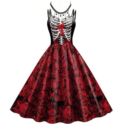 Women's New for Skull Print Halter Dress Sleeveless Tunic Vintage Dresses Costume - alternate view 9