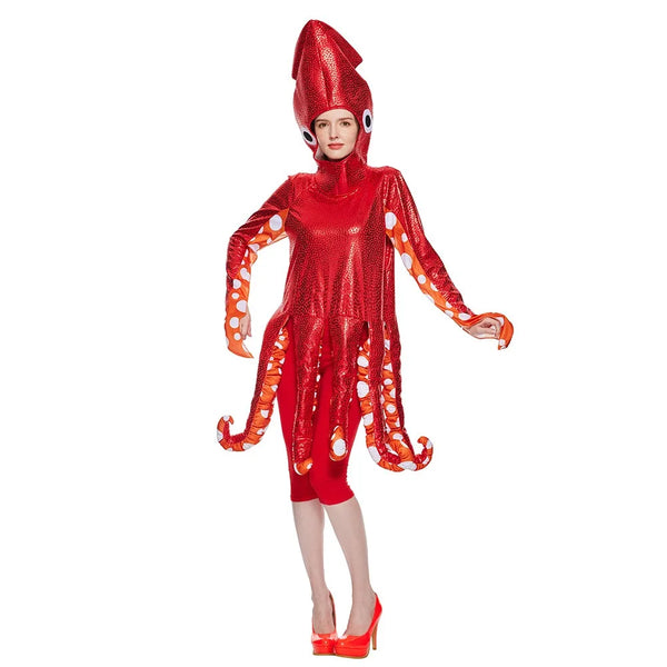 Halloween adult squid costume, ocean creature party jumpsuit, funny cosplay clothes