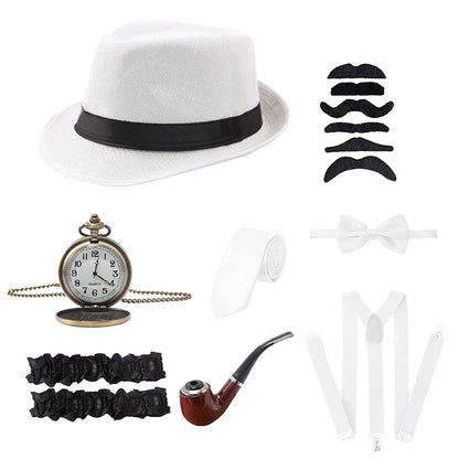Halloween 1Set 1920's Costume Hat Pocket Watch Neck Tie Moustache Bowtie Gatsby - D