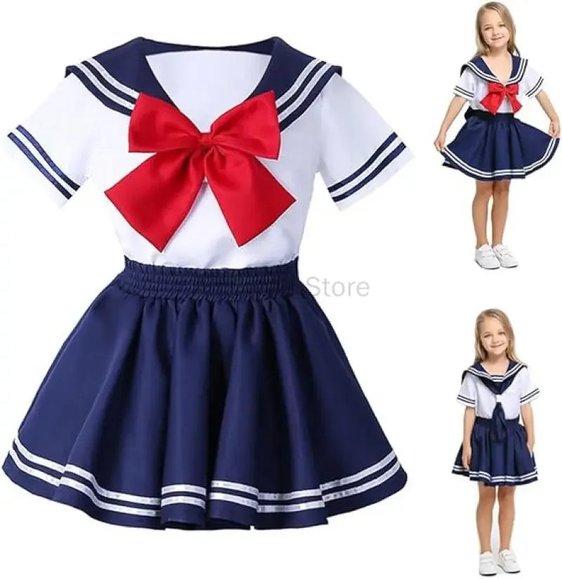 Halloween Kids Sailor Costume Dress Anime Japanese School Uniform Shirt Skirt Bow Tie - PS9113girl / 130-140