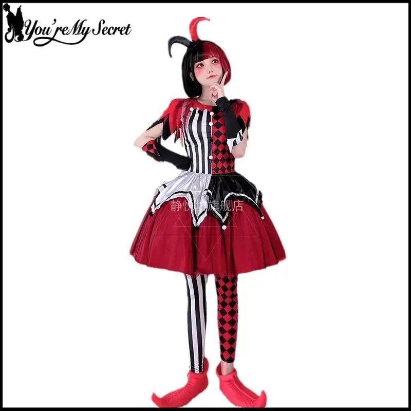 Halloween Clown Lolita Suit Women's Clown Costume Patchwork Striped Dress with Headgear - Suit 02 / M
