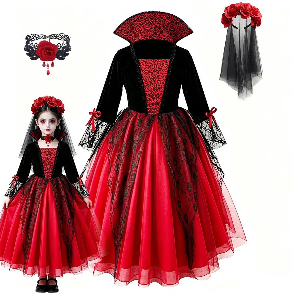 Girls Ghost Bride Halloween Costume Red Lace Dress Kids Horror Phantom Bride - product image 3