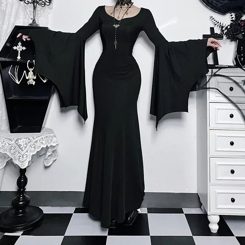 Halloween Costume Women Batwing Sleeve Floor Dress Black Gothic Evil Terror Maxi Mistress Morticia Addam - product image 2