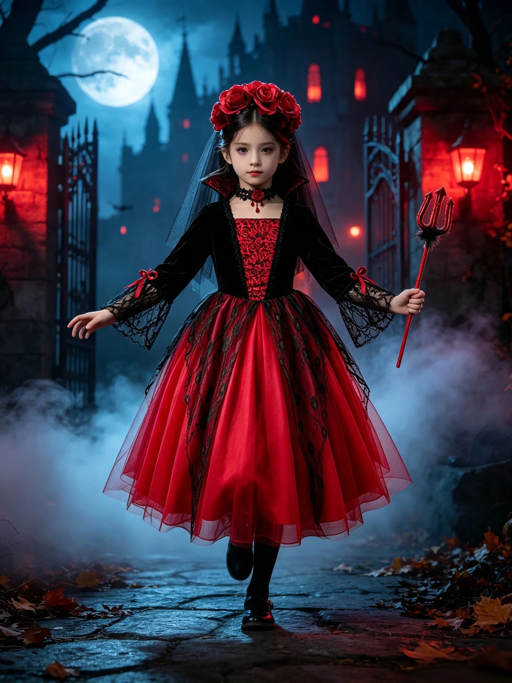 Girls Ghost Bride Halloween Costume Red Lace Dress Kids Horror Phantom Bride - product image 1