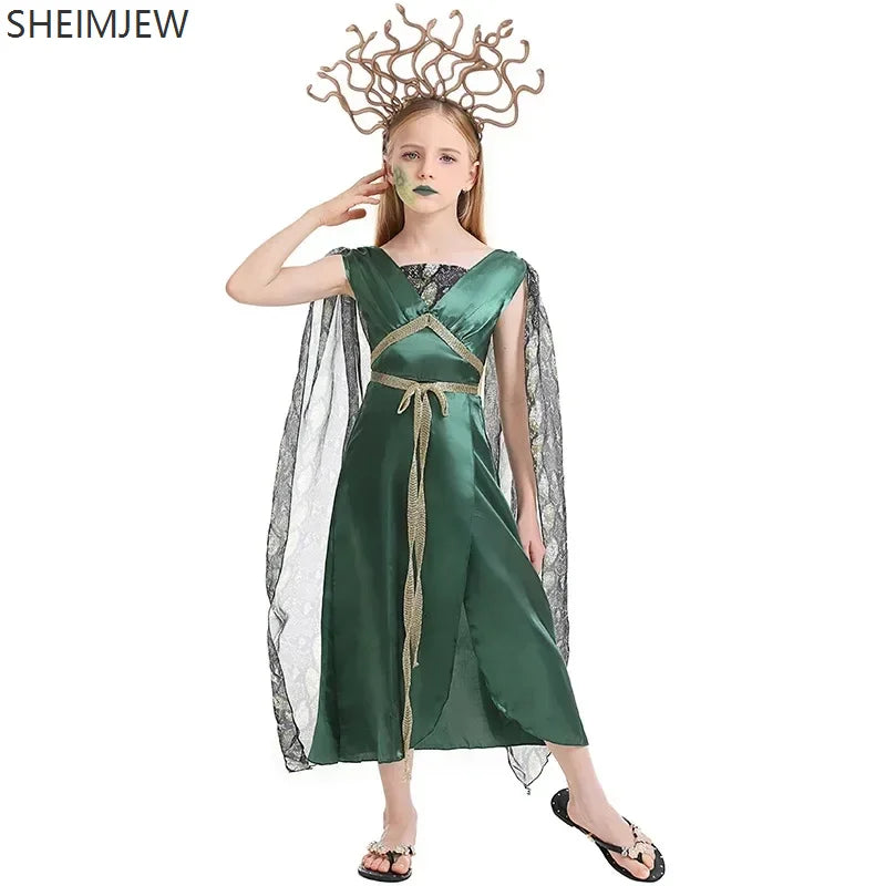 Kids Halloween Costume Girl Ancient Greek Mythology Goddess Robe Female Demon Snake Dress - Dress Green Headwear / S(110-125)