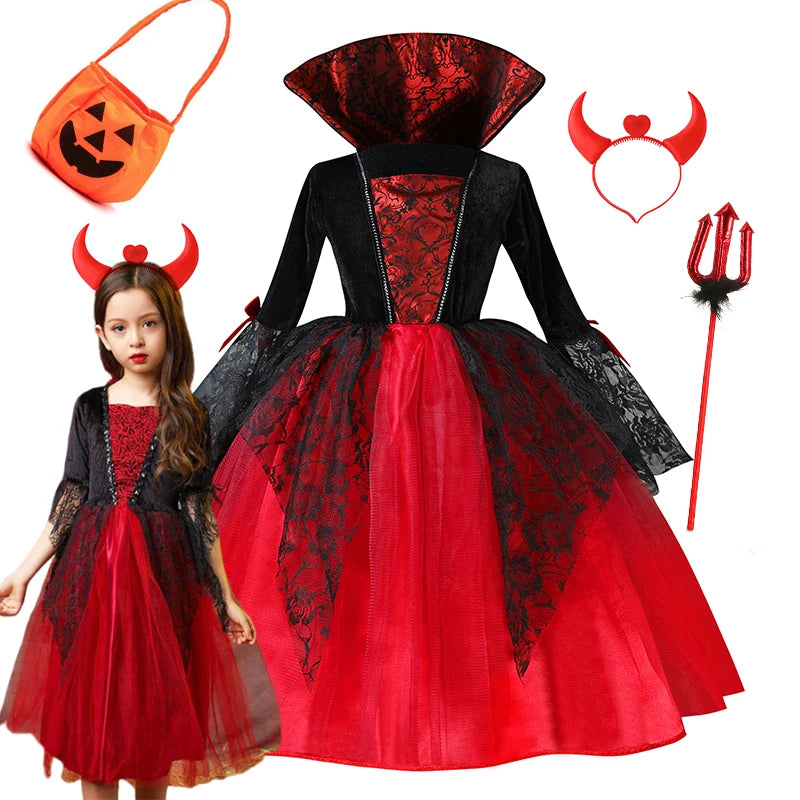 Kids Girls Vampire Devil Costume Dress Complete Set with Accessories Theme Costume