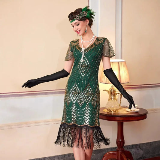 Roaring 20s Retro Beaded Tassel Flapper Dress Mid Length Sequined Mesh Sleeve Formal Dress For Wedding Banquet Costume