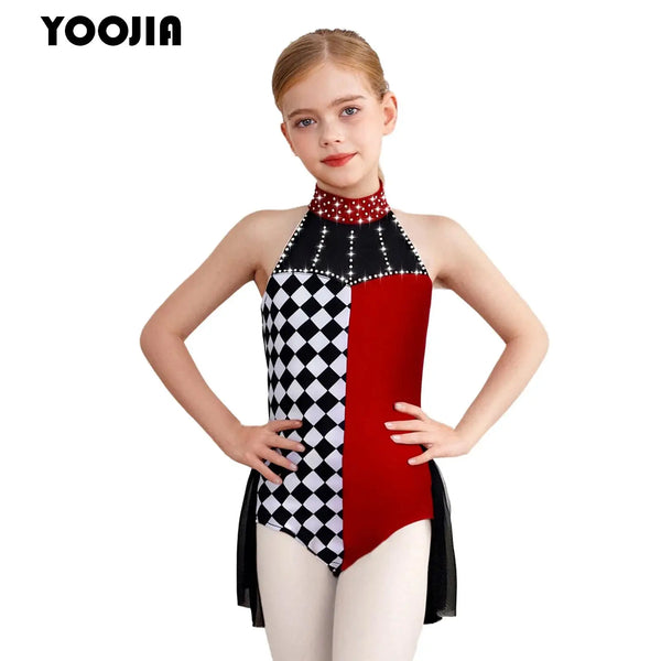 Girls Circus Clown Performance Costume Halloween Plaid Halter Sleeveless Dance Leotard - 16 / Black Red