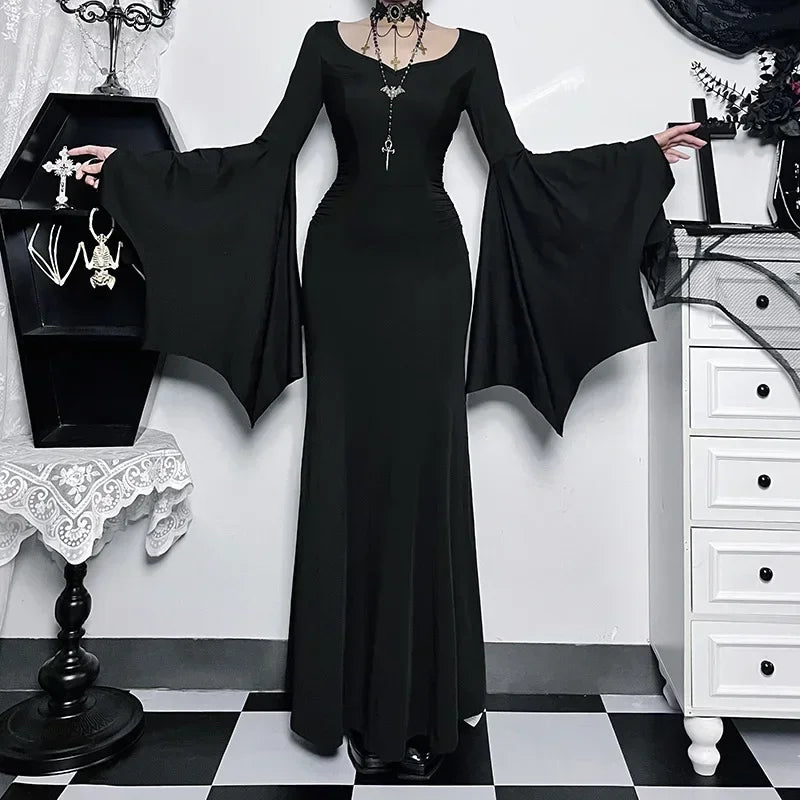 Halloween Costume Women Batwing Sleeve Floor Dress Black Gothic Evil Terror Maxi Mistress Morticia Addam - product image 5