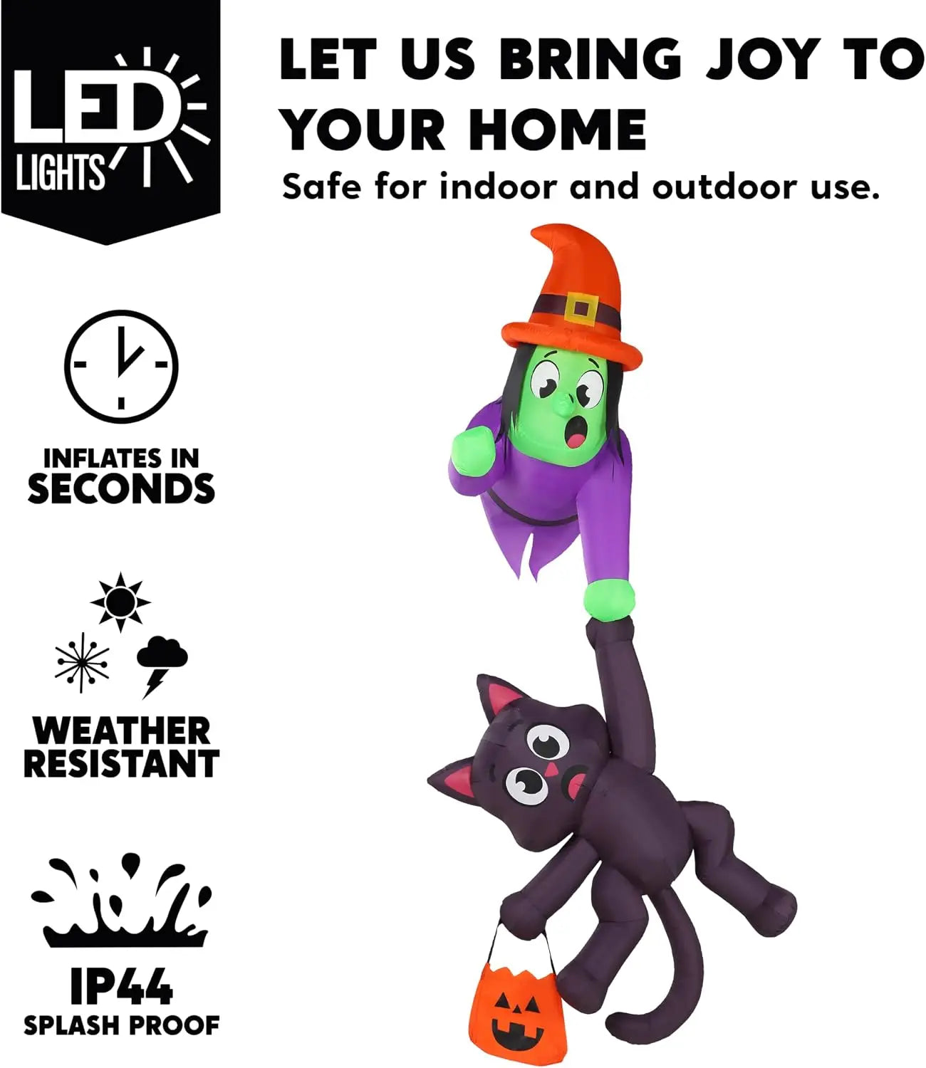8 Ft Tall Witch and Black Cat Halloween Blow Up Roof Decoration Inflatable Decoration with LED Lights Giant