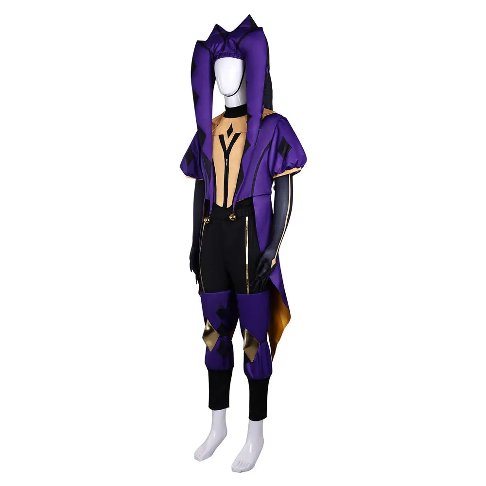 Game the Freak Circus Jester Costume Purple Black Retro Clown Outfit Complete Set with Hat - One size wig / M